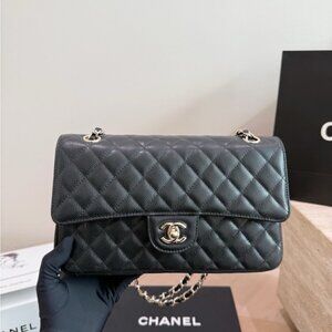 CHANEL Black Quilted Caviar Leather Shoulder Bag with Gold Hardware